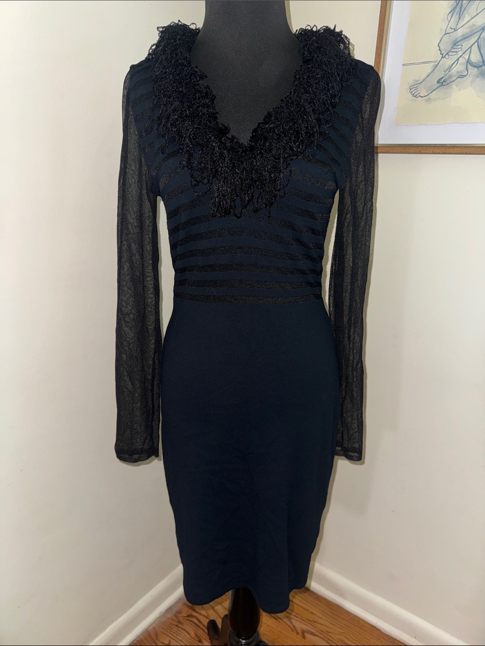 Alberto Makali | Black V-neck Fringe Collar Mini Dress-Size Large